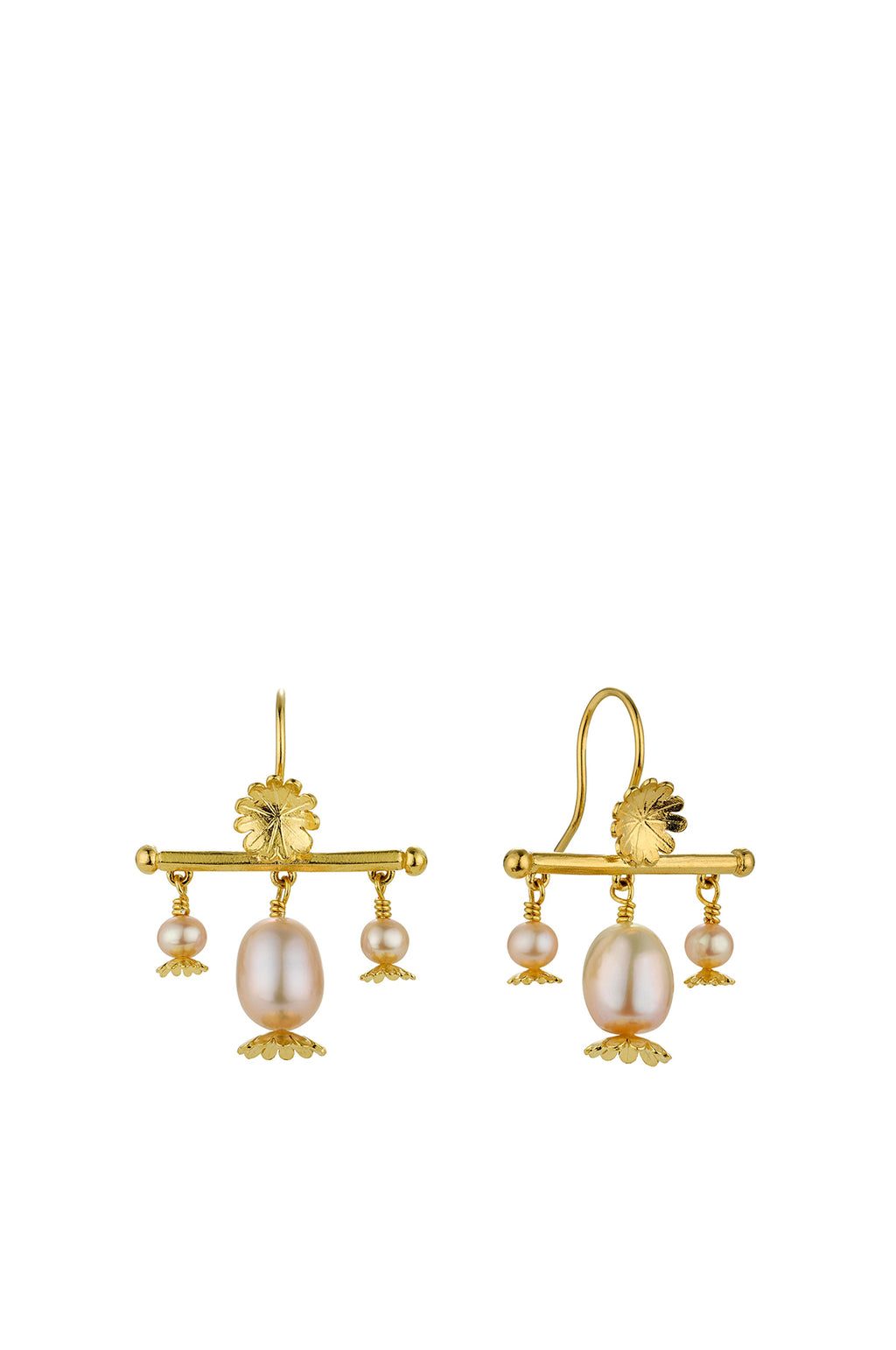 Poppy Head Chandelier Pink Pearl Drop Earrings Gold Plate