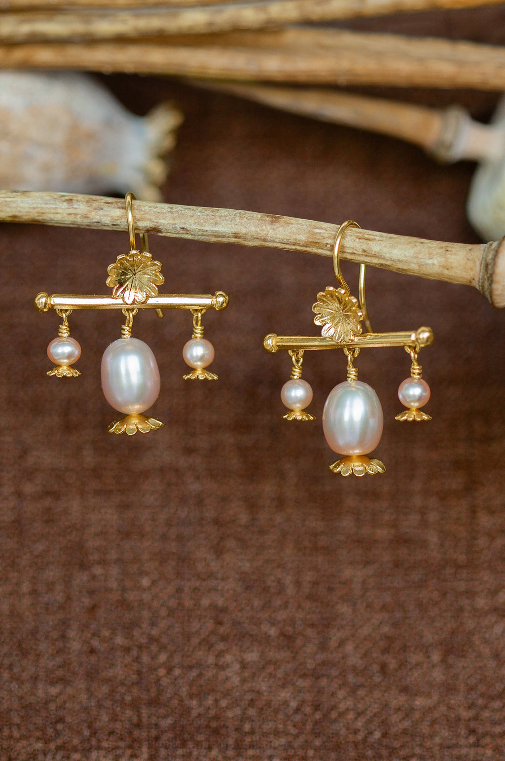 Poppy Head Chandelier Pink Pearl Drop Earrings Gold Plate