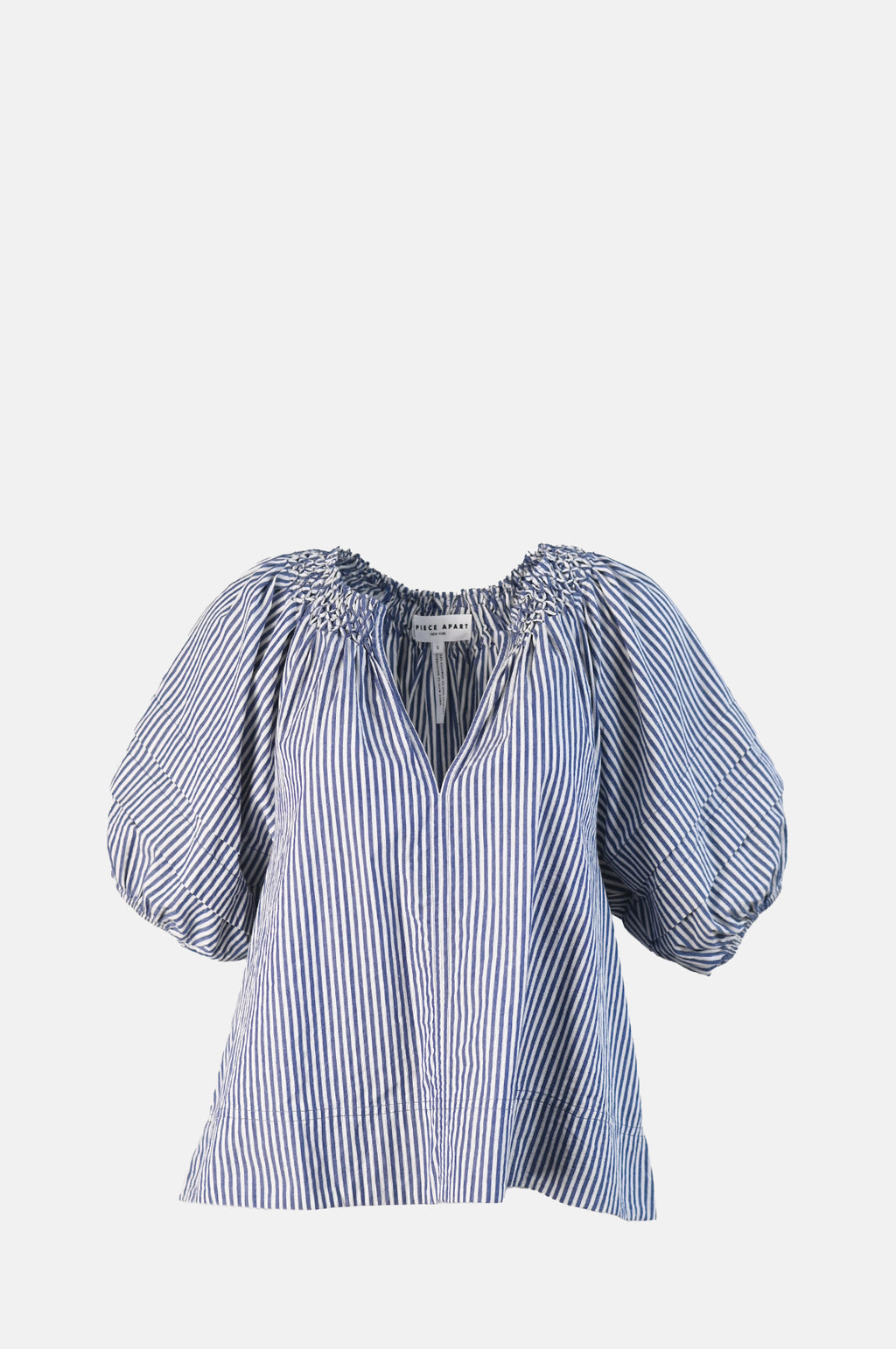 Apiece Apart Caminitas Puff Sleeve Top Skinny Stripes Indigo Cream.