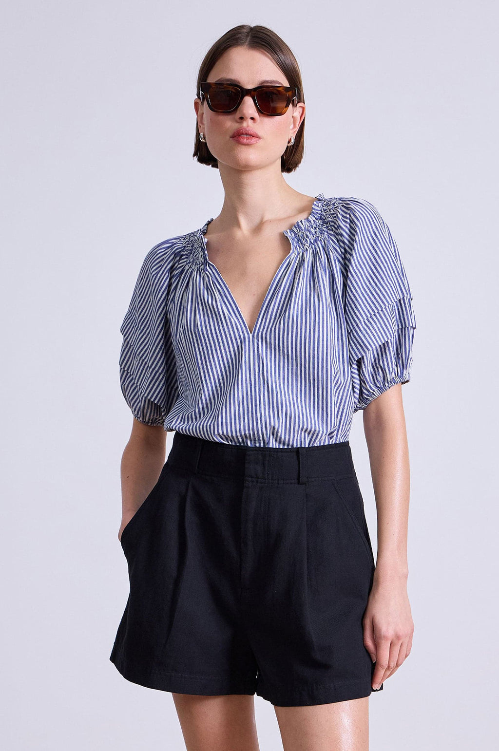 Caminitas Puff Sleeve Top Skinny Stripes Indigo + Cream
