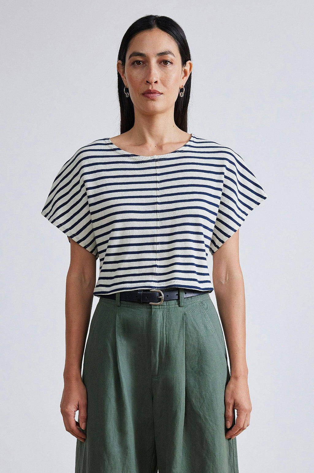 Apiece Apart Luju Crop Tee Navy Cream Stripe.