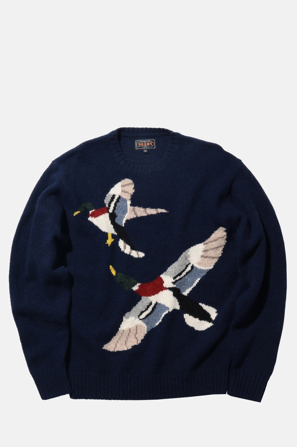 Beams Plus Crew Intarsia Duck Pattern Navy.