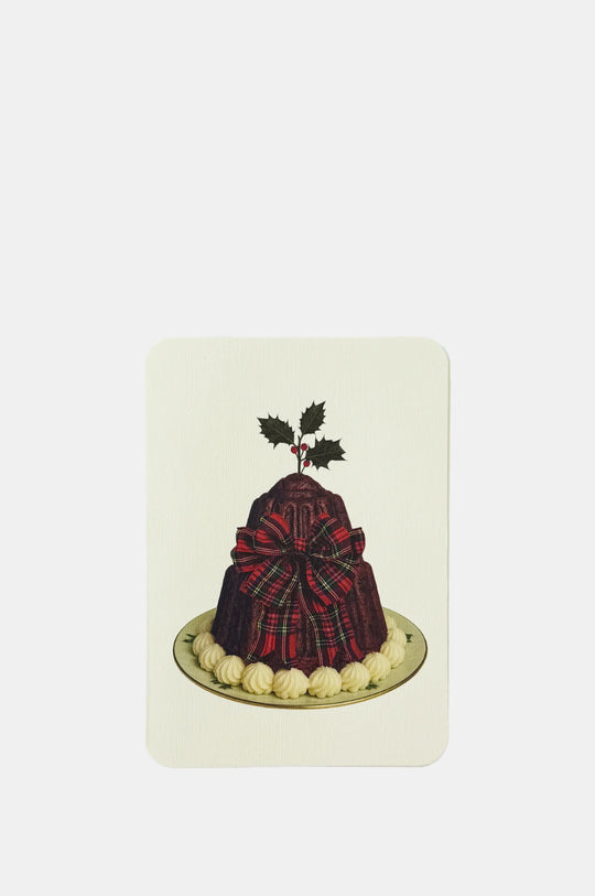 Christmas Plum Pudding Red Tartan Bow Greeting Card