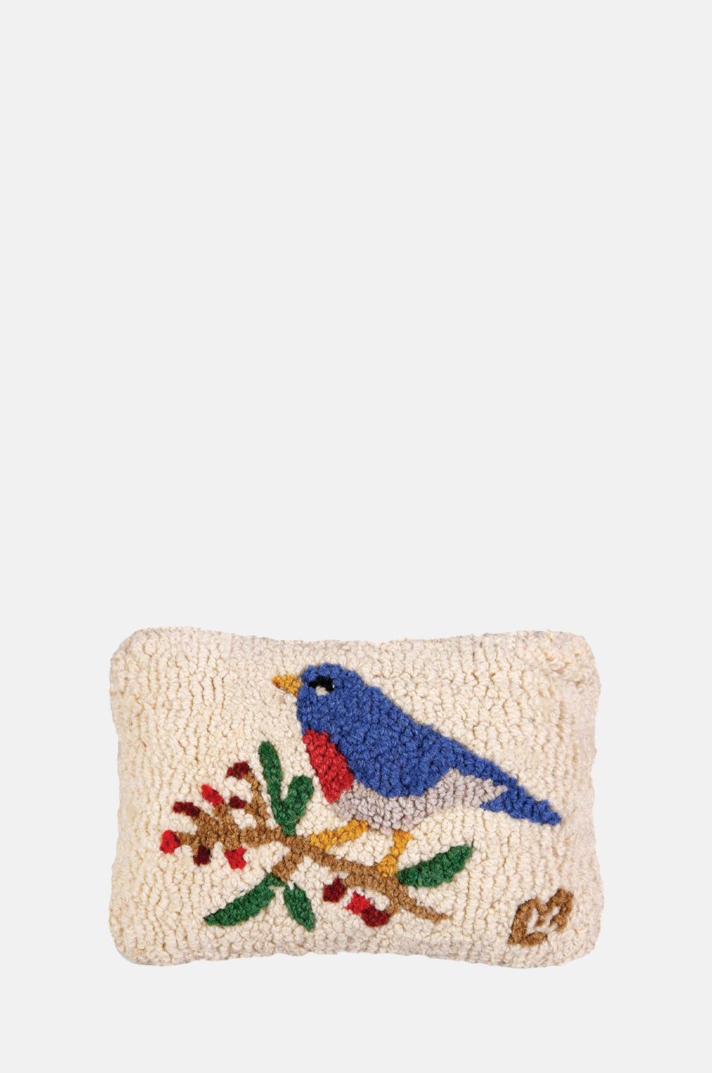 Chandler 4 Corners Bluebird and Berries Hand Hooked Wool Cushion.