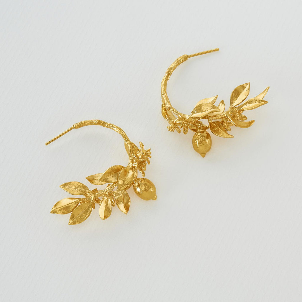 A.M. Lemon Blossom Branch Hoop Earrings with Hanging Lemons Gold