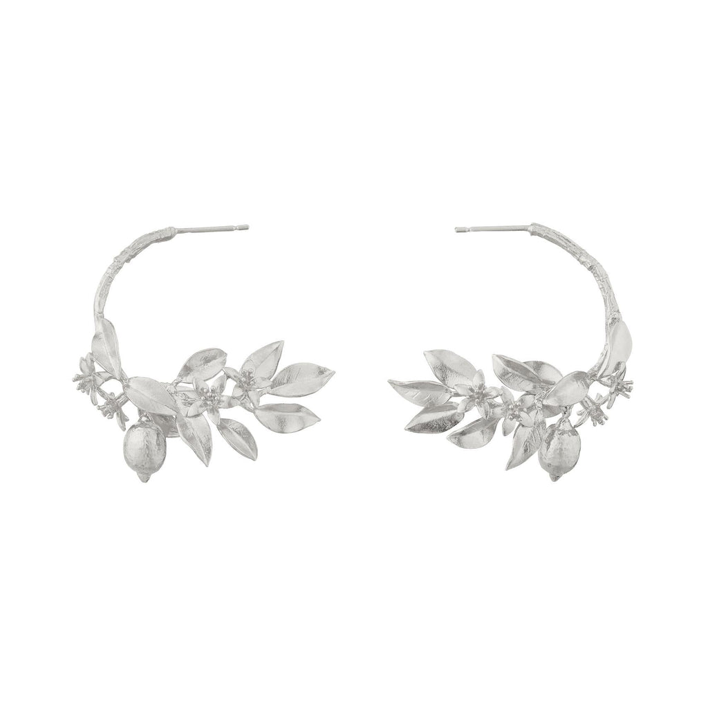 A.M. Lemon Blossom Branch Hoop Earrings with Hanging Lemons Silver