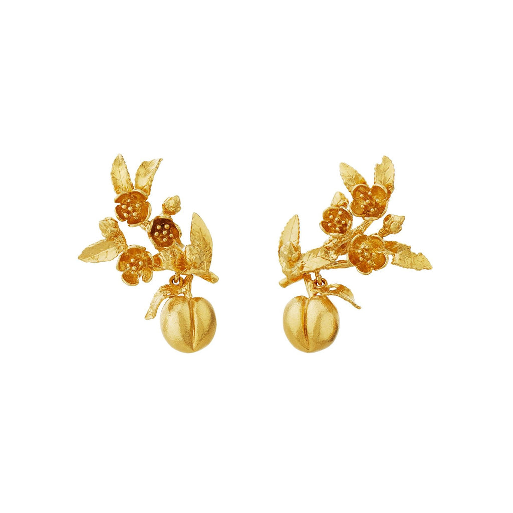 A.M. Peach Blossom Branch Climber Earrings with Hanging Peaches Gold