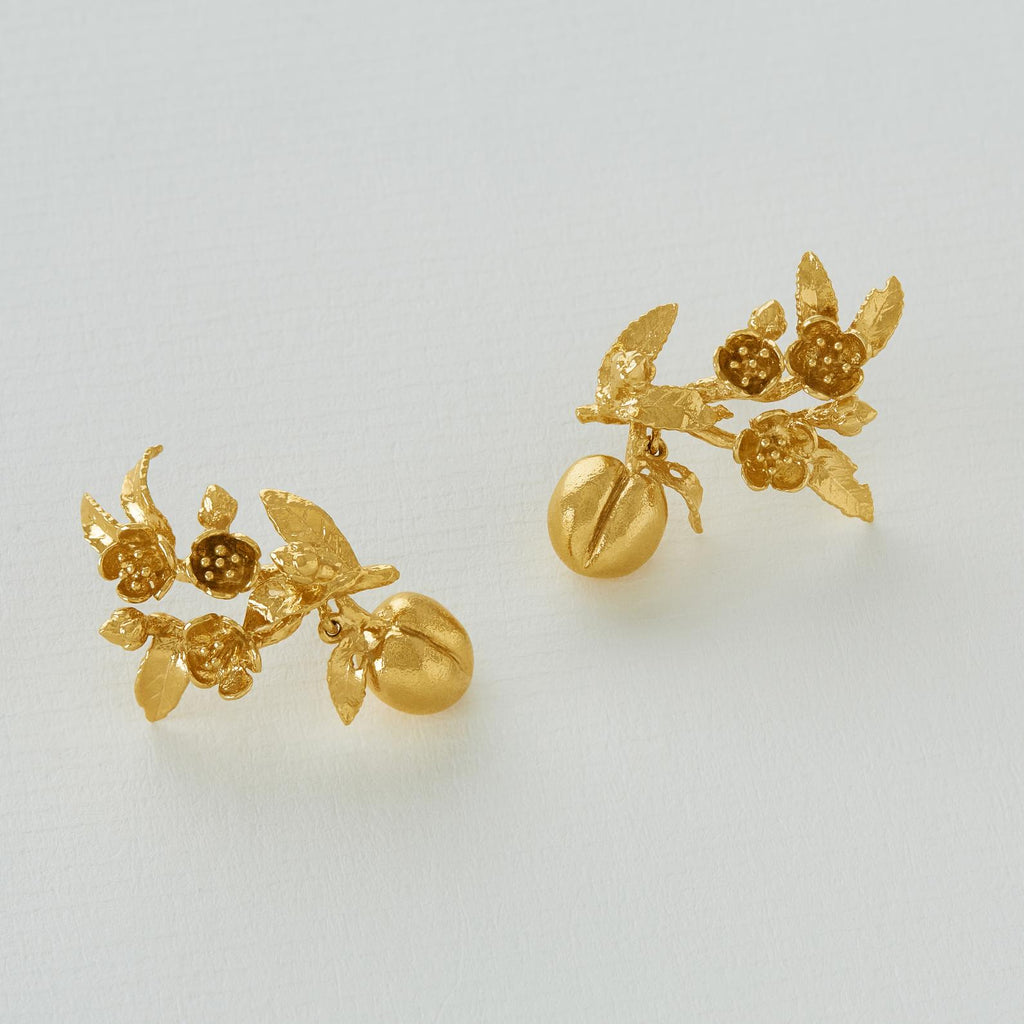 A.M. Peach Blossom Branch Climber Earrings with Hanging Peaches Gold