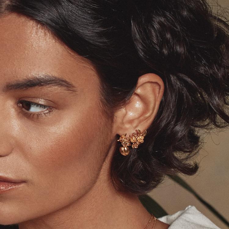 A.M. Peach Blossom Branch Climber Earrings with Hanging Peaches Silver