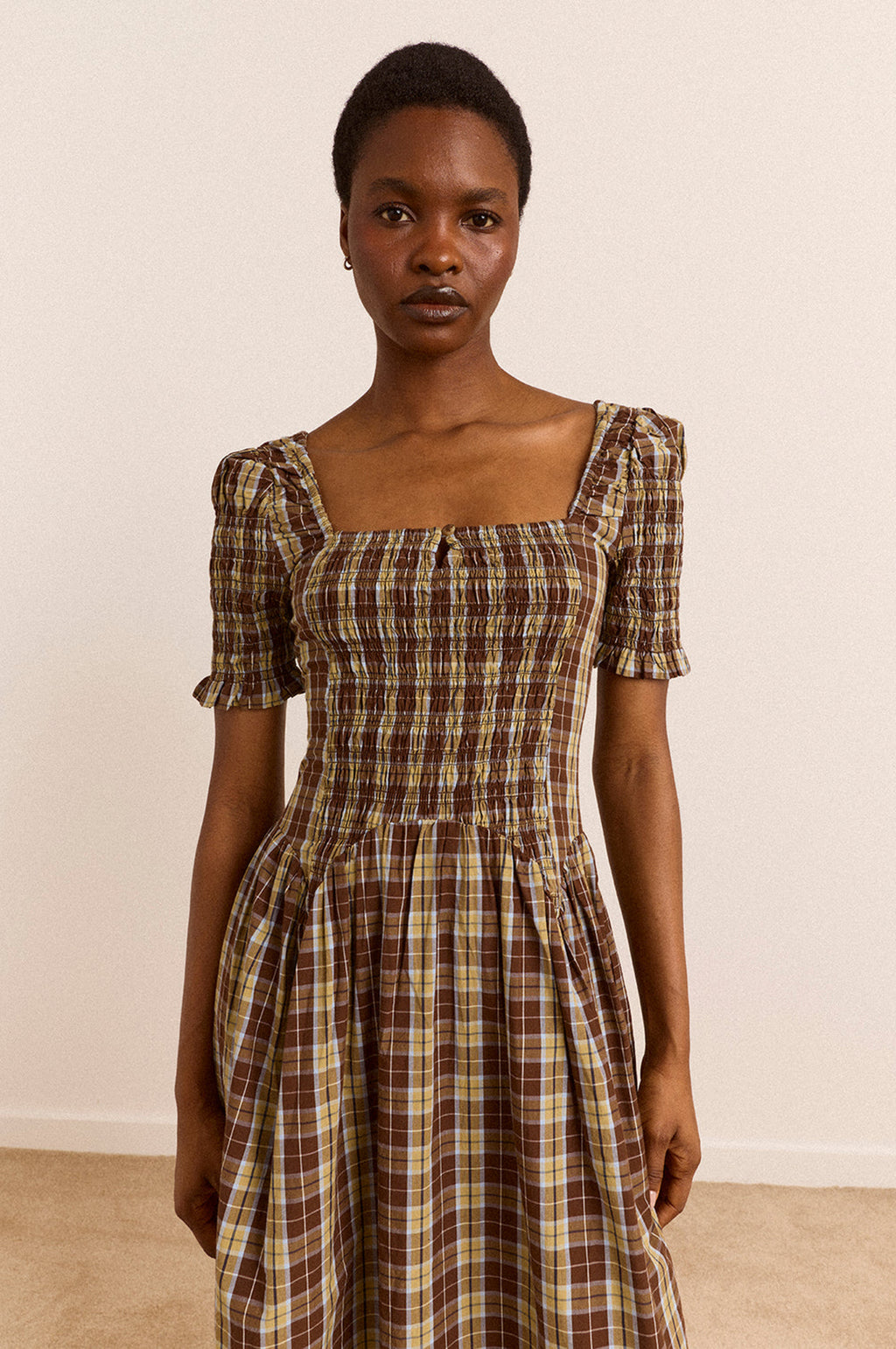 Emmy Shirred Midi Dress Cocoa Check