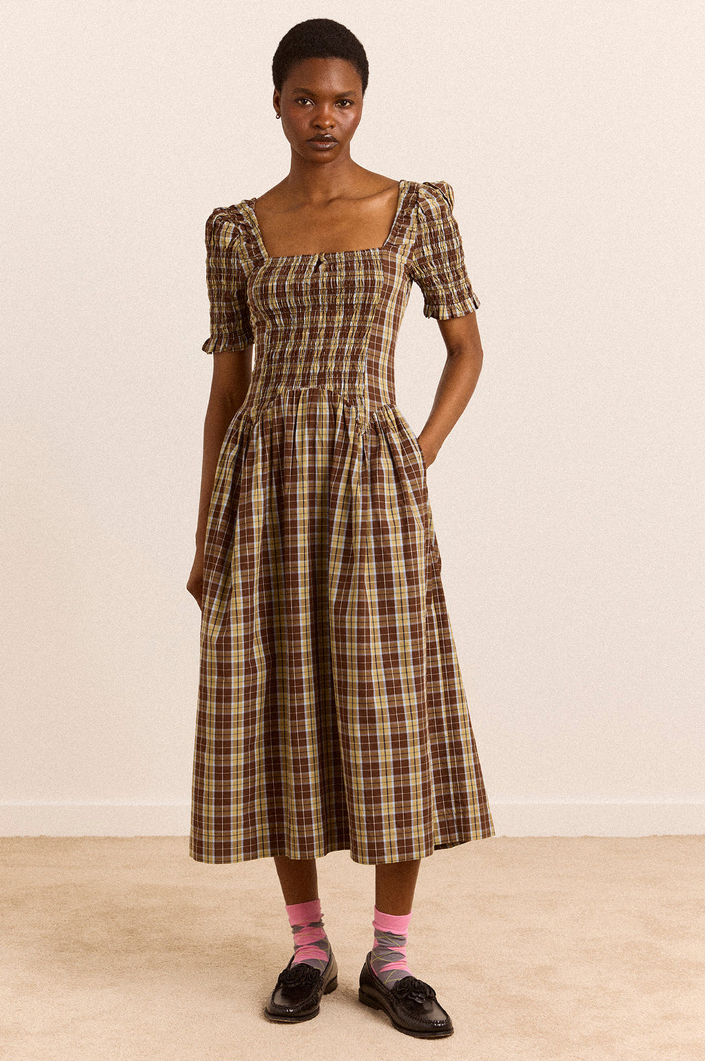 Emmy Shirred Midi Dress Cocoa Check