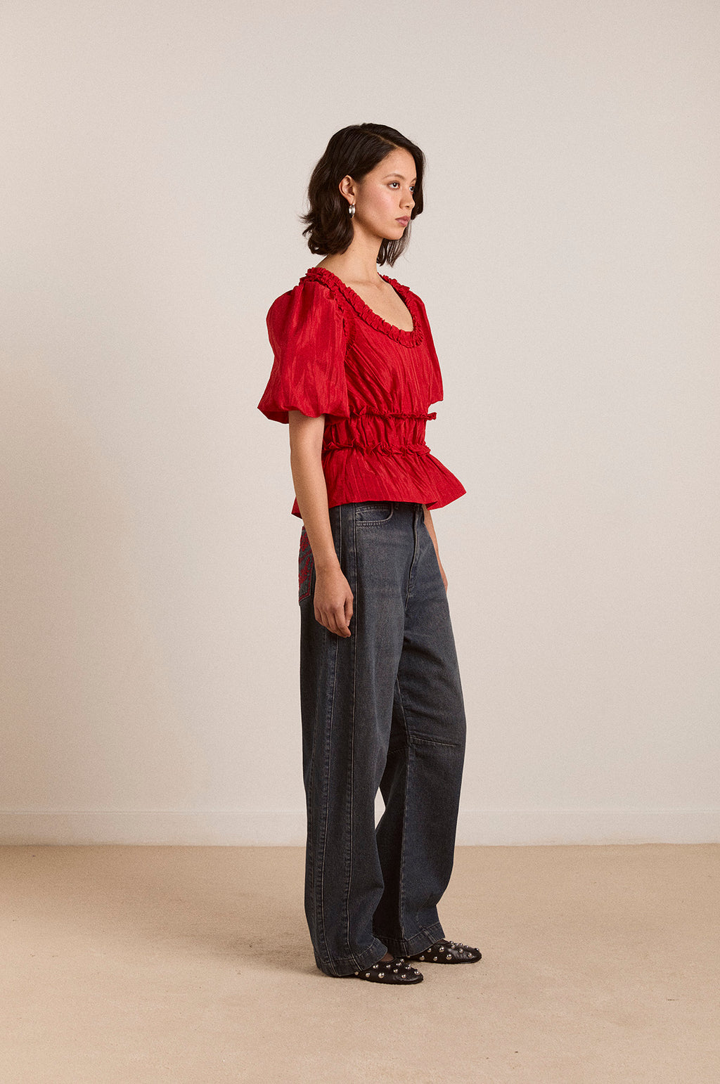 Everly Ruffle Blouse Red Tafetta
