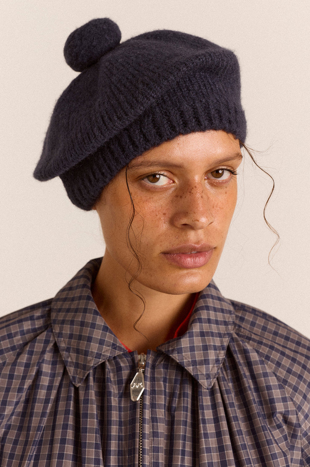 Knitted Pom Pom Beret Navy