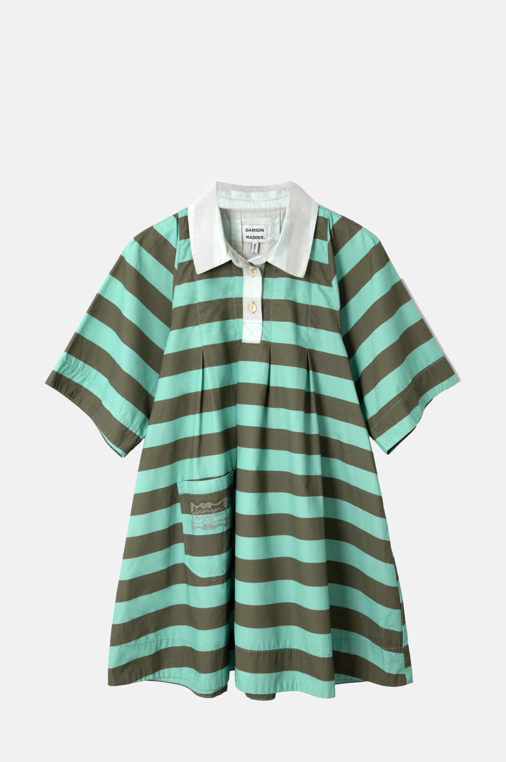 Damson Madder Maggie Mini Polo Dress Aqua Olive Stripe.