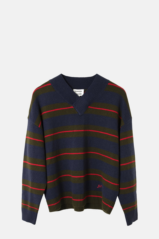 Odette V-Neck Jumper Olive/Navy Stripe