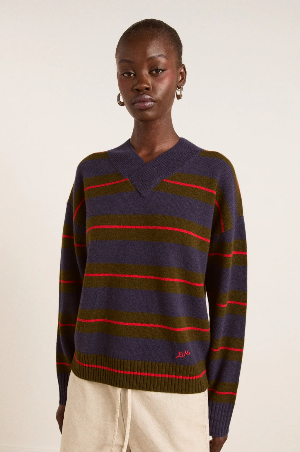 Odette V-Neck Jumper Olive/Navy Stripe