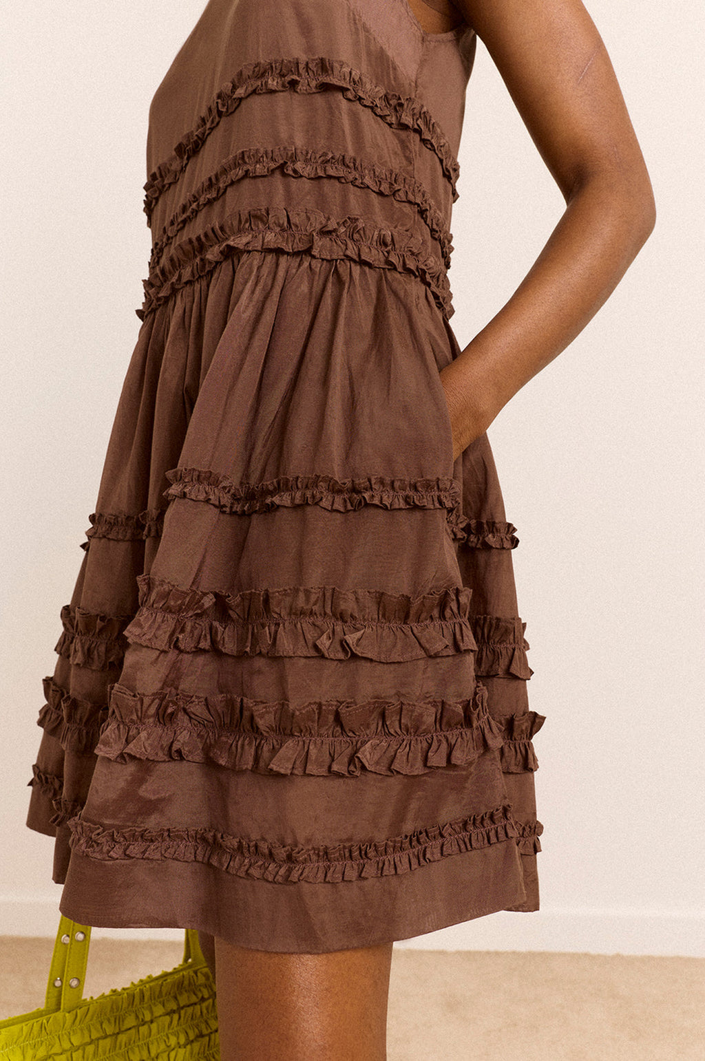 Reed Drop Waist Ruffle Midi Dress Sheer Choc