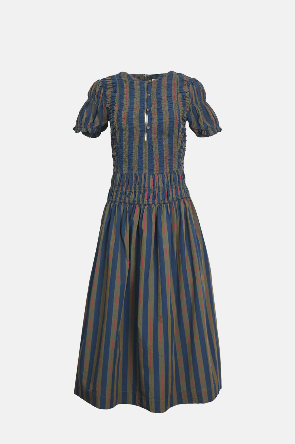 Damson Madder Sienna Shirred Long Sleeve Dress Olive Stripe.