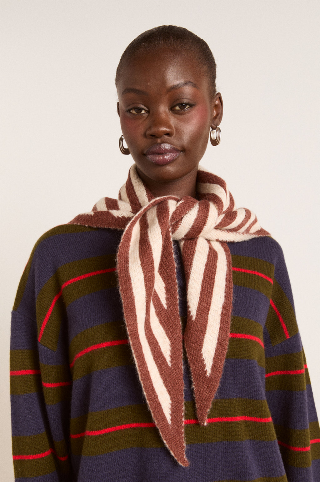 Stripe Triangle Head Scarf Choc & Ecru