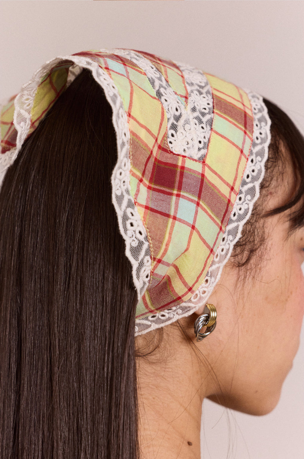 Triangle Headscarf With Lace Detail Celery Check