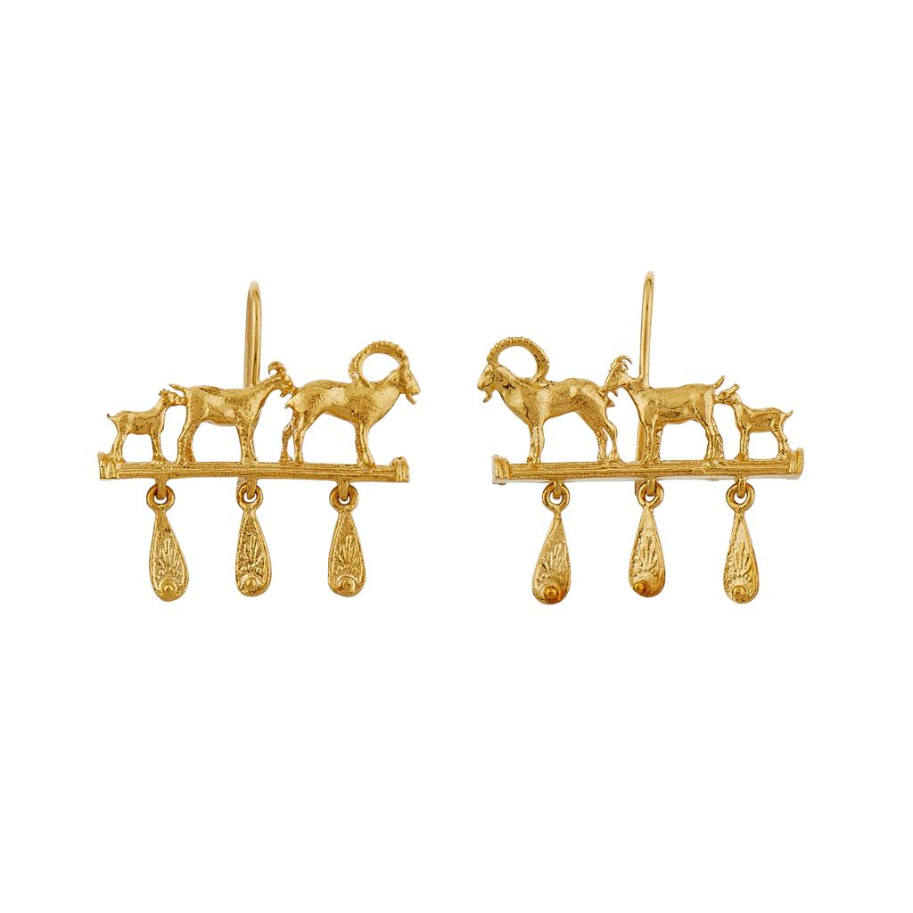 A.M. Mountain Goat Family Relic Earrings with Ornate Drops Gold