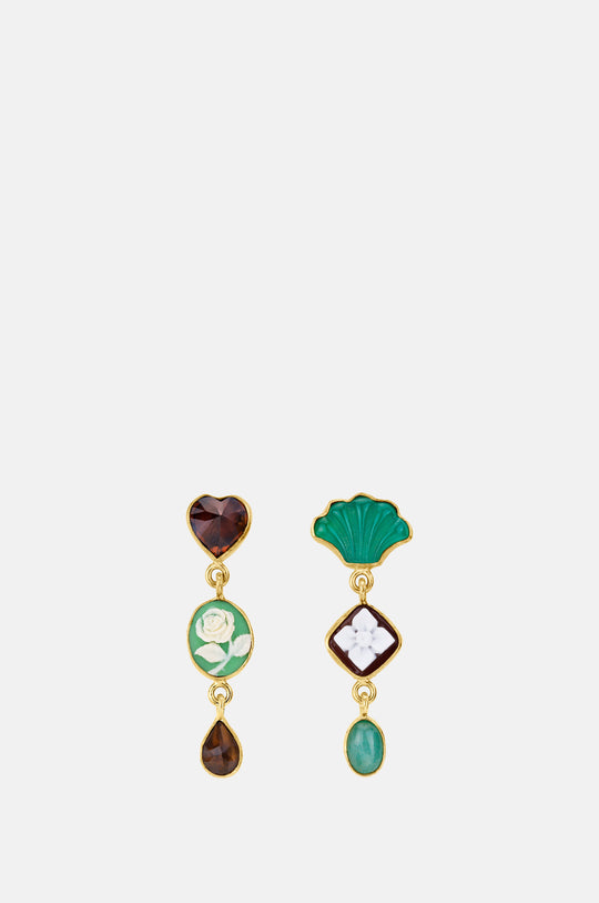 Three Charm Moving Drop Green Cameo Earrings