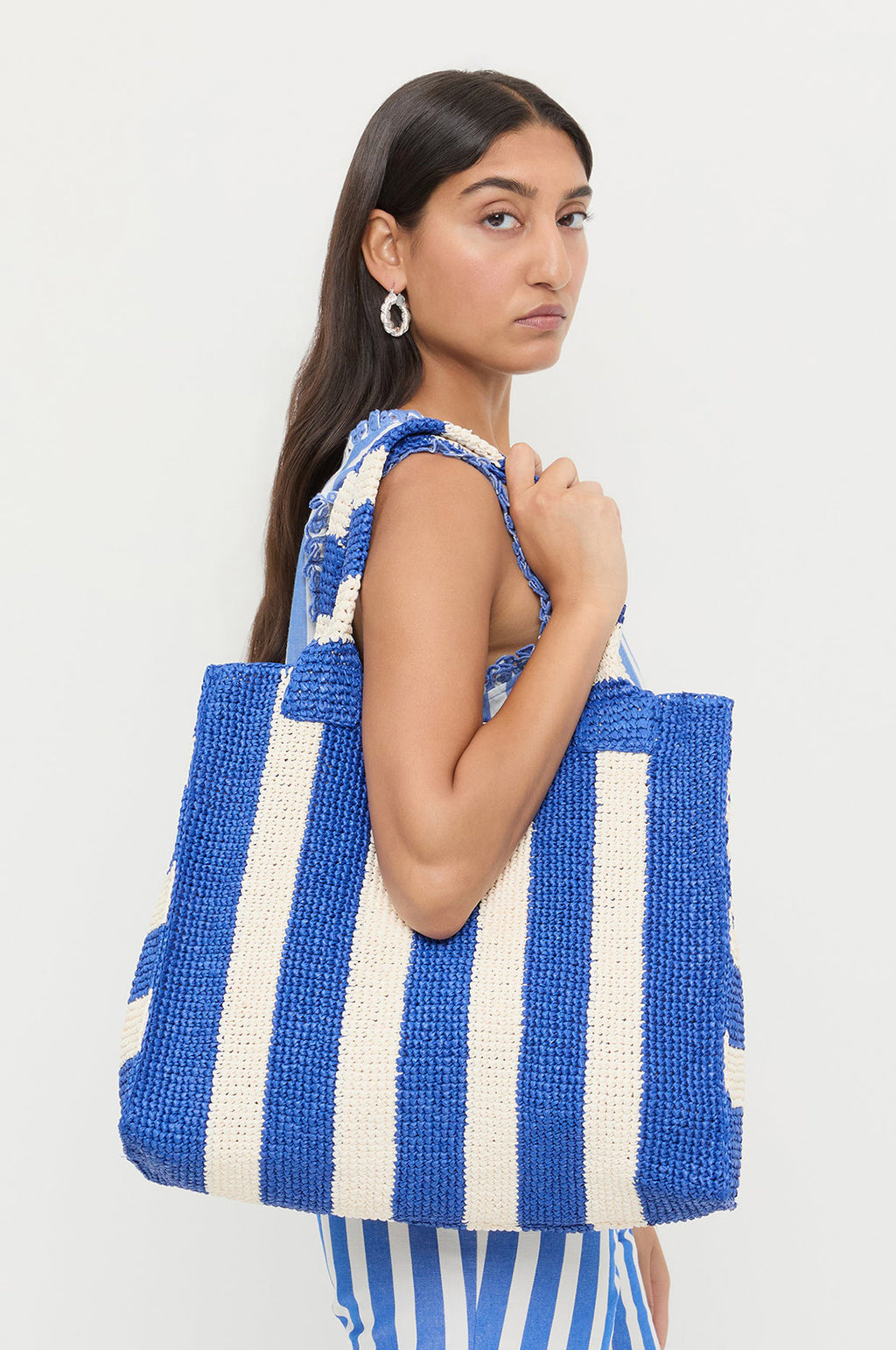 Sol Crochet Beach Tote Blue/Cream Stripe
