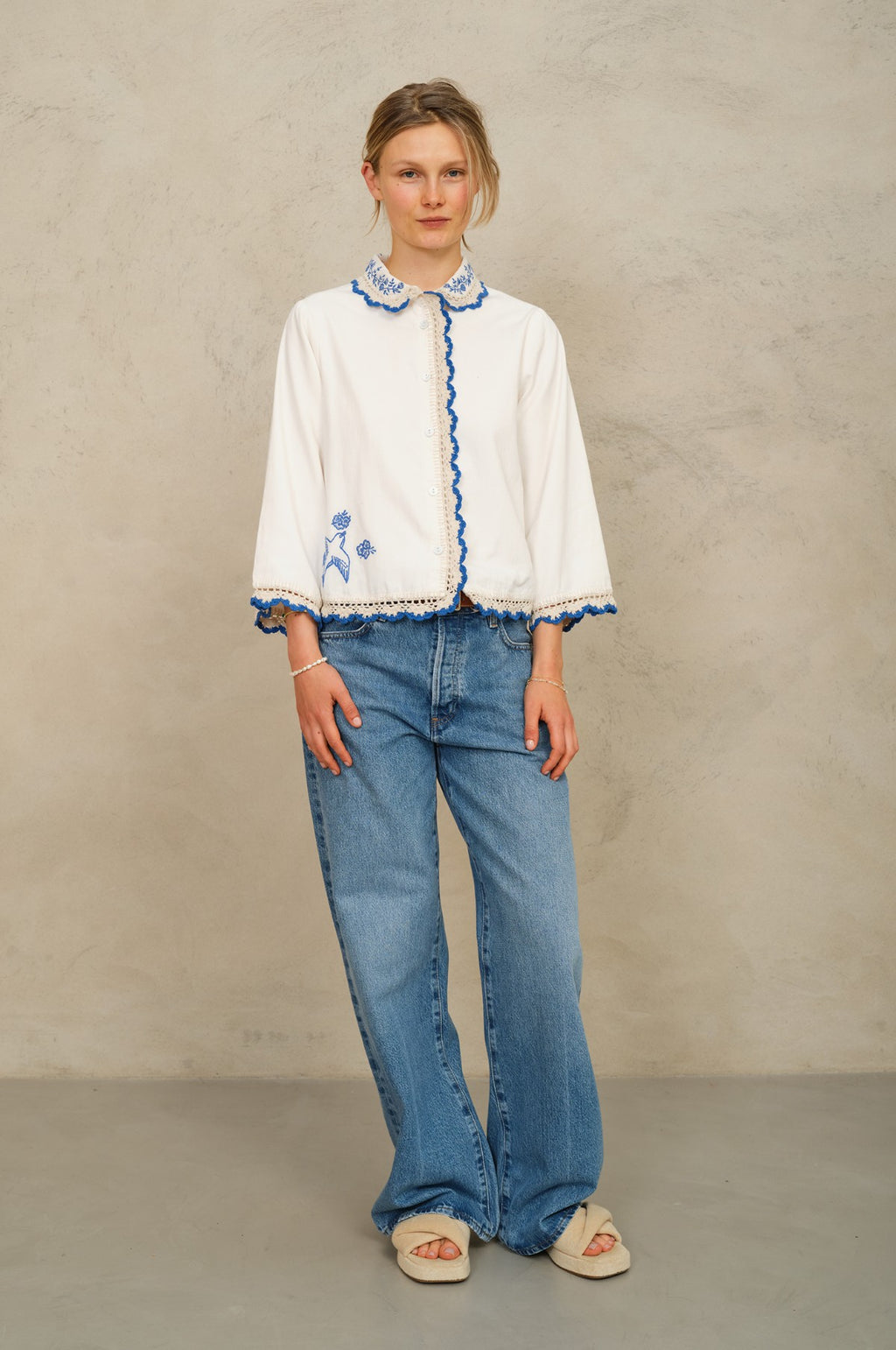 Frady Crochet Trim Top Ivory/Blue