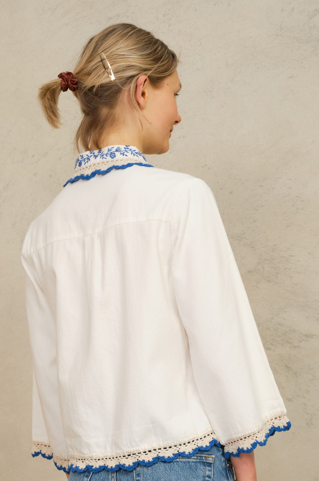 Frady Crochet Trim Top Ivory/Blue