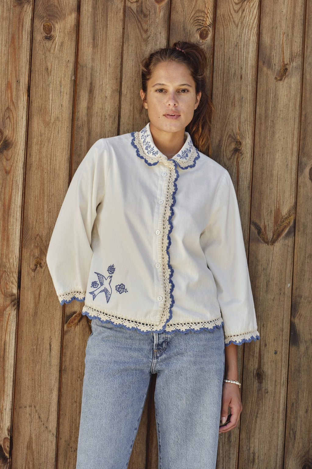 Frady Crochet Trim Top Ivory/Blue