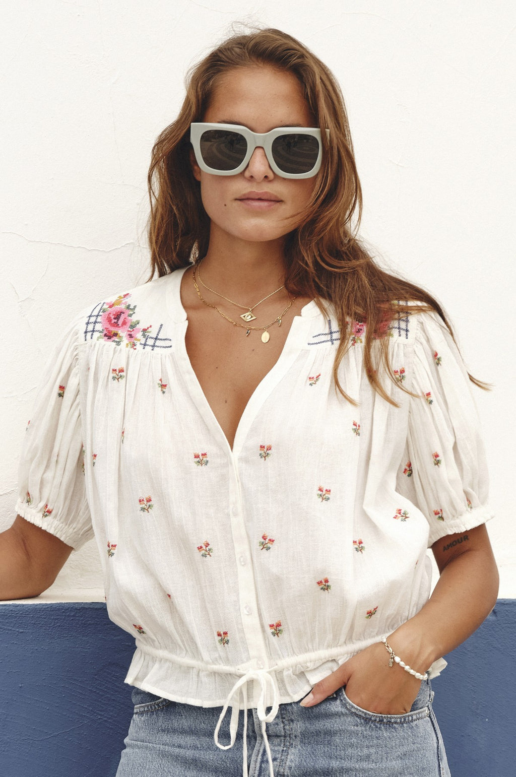 Harlie Emb S/S Top Ecru/Multi