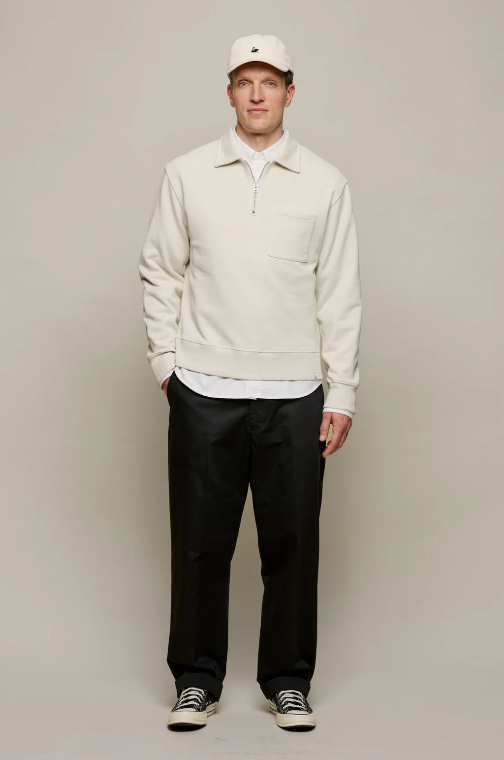 Authentic Fleece Polo Collared Half-Zip Cotton Sweatshirt Nature