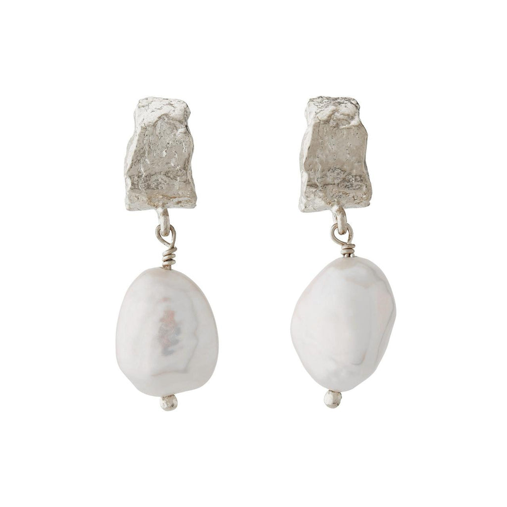 A.M. Textured Bark Huggie Hoop Earrings with Baroque Pearl Drops Silver