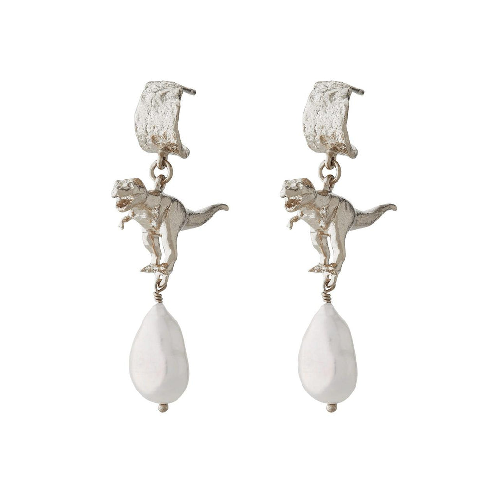 A.M. Bark Huggie Earrings with Tyrannosaurus Rex & Baroque Pearl Drops Silver