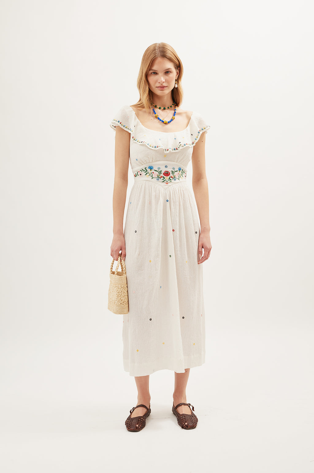 Rixo Ebony Dress Petunia Embroidery Ivory.