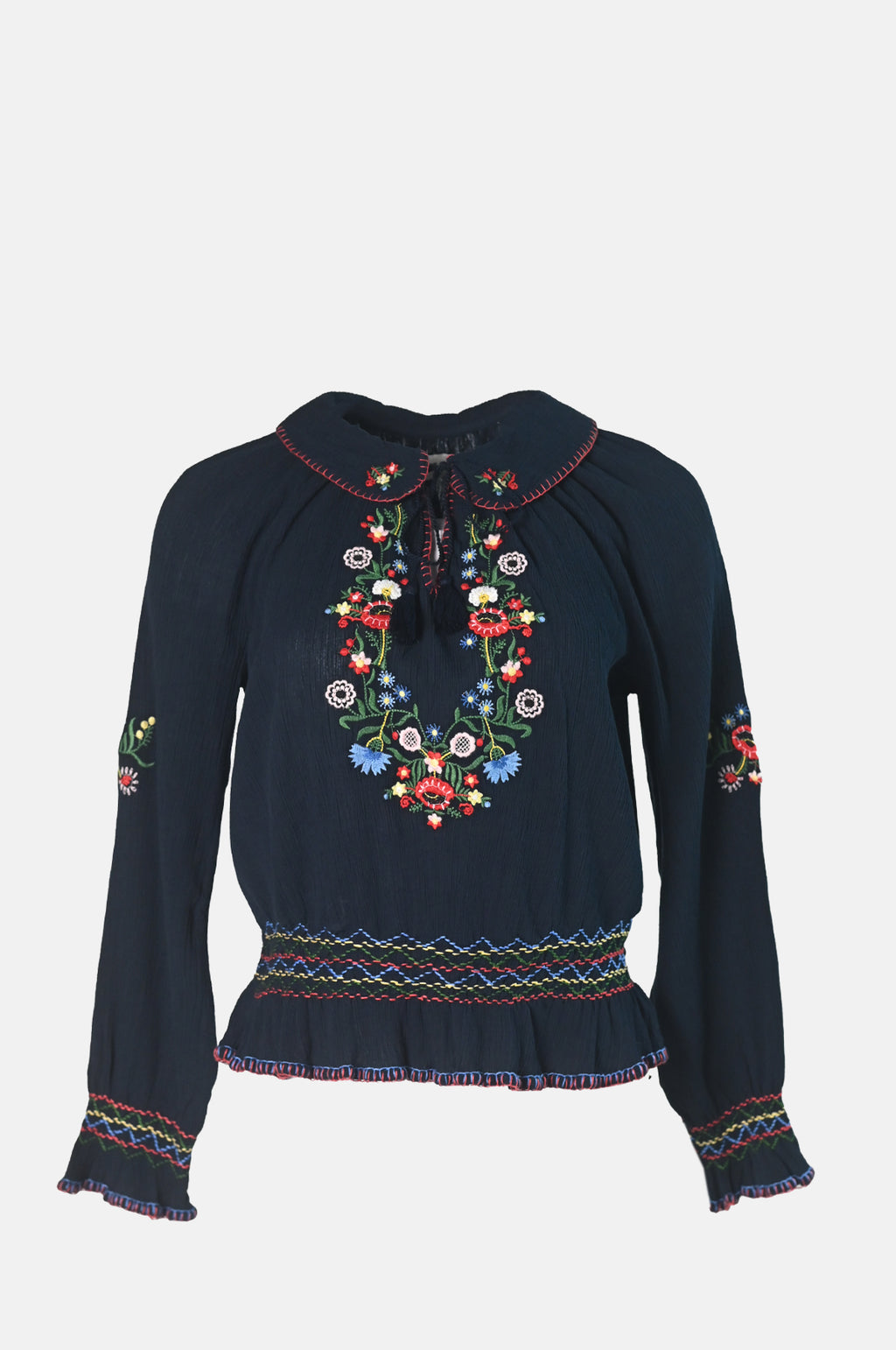 Rixo Sofira Top Petunia Embroidery Navy.