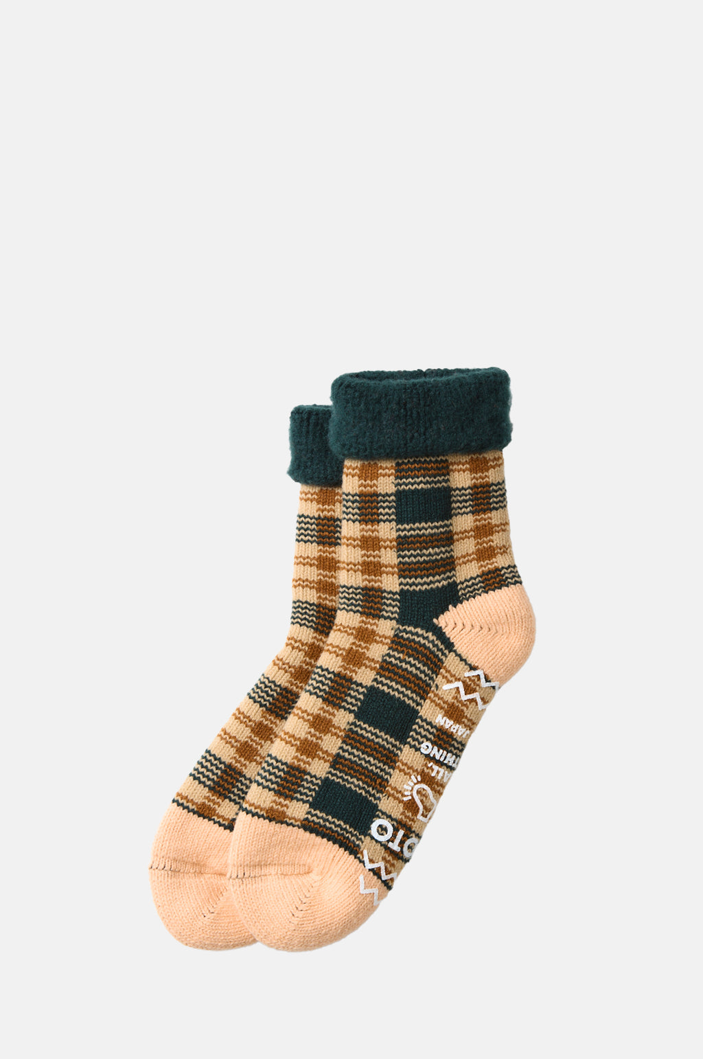 RoToTo Comfy Room Socks Check Forest Green Beige.