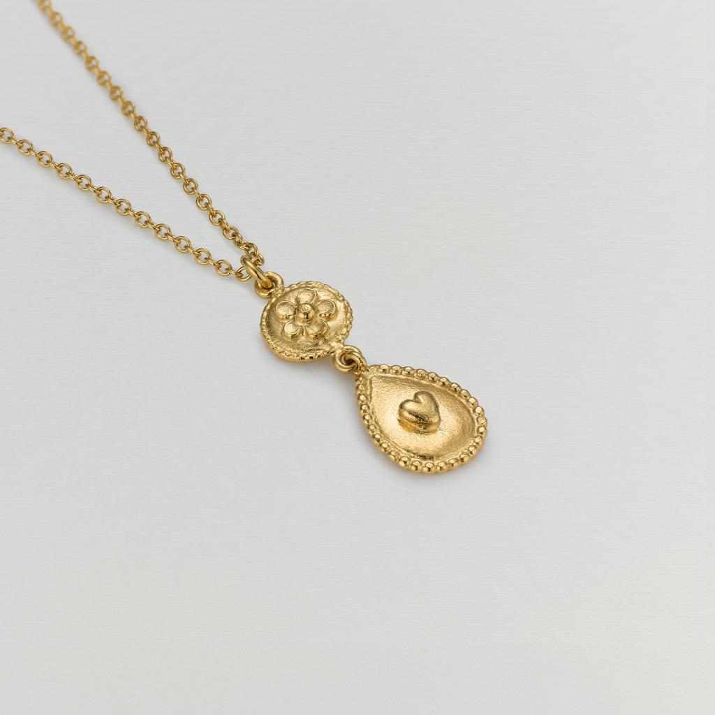A.M. Love of Nature Heart & Flower Drop Necklace Gold