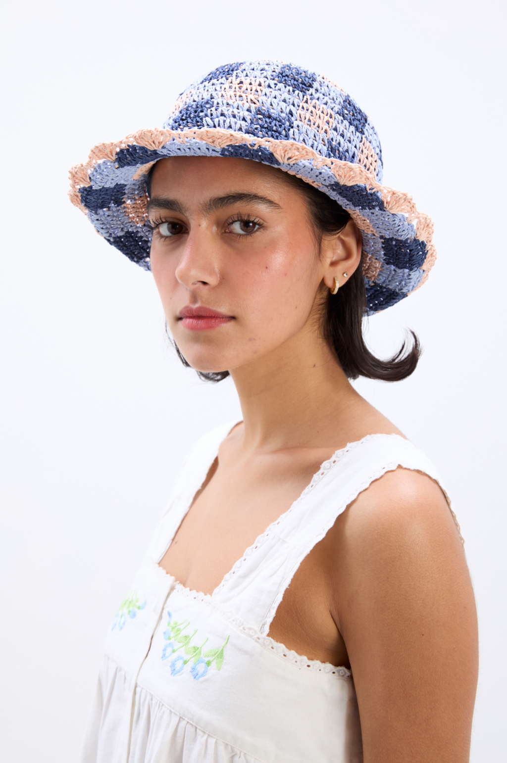 Gingham Straw Bucket Hat Navy & Pale Pink