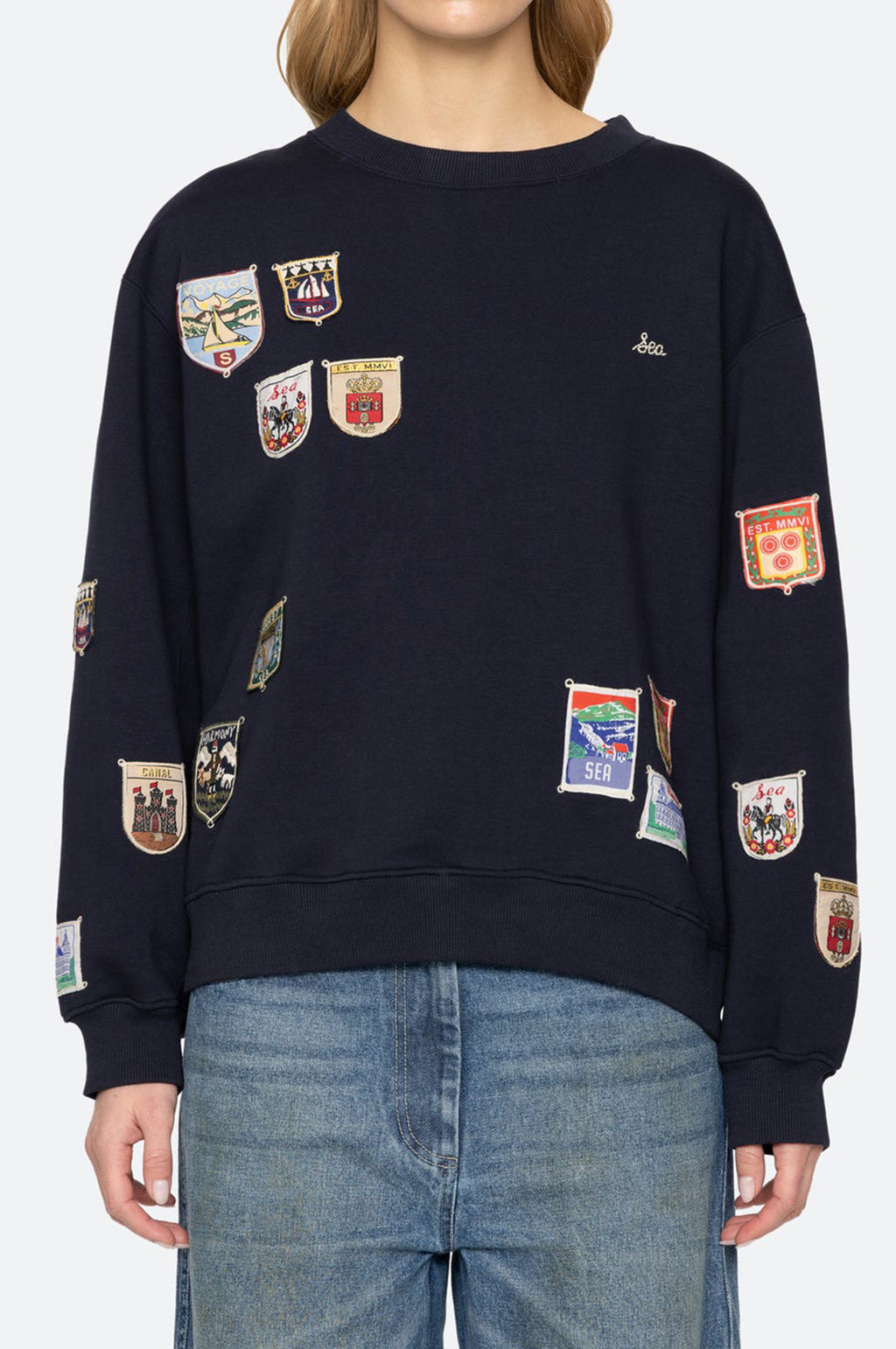 Davis Patchwork Crew Neck Sweatshirt Navy