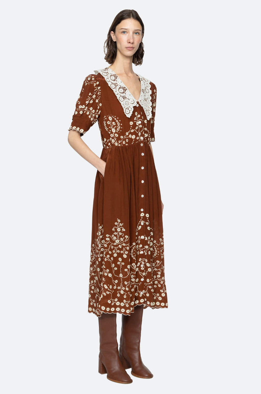 Frances Print S/Slv Midi Dress Brown
