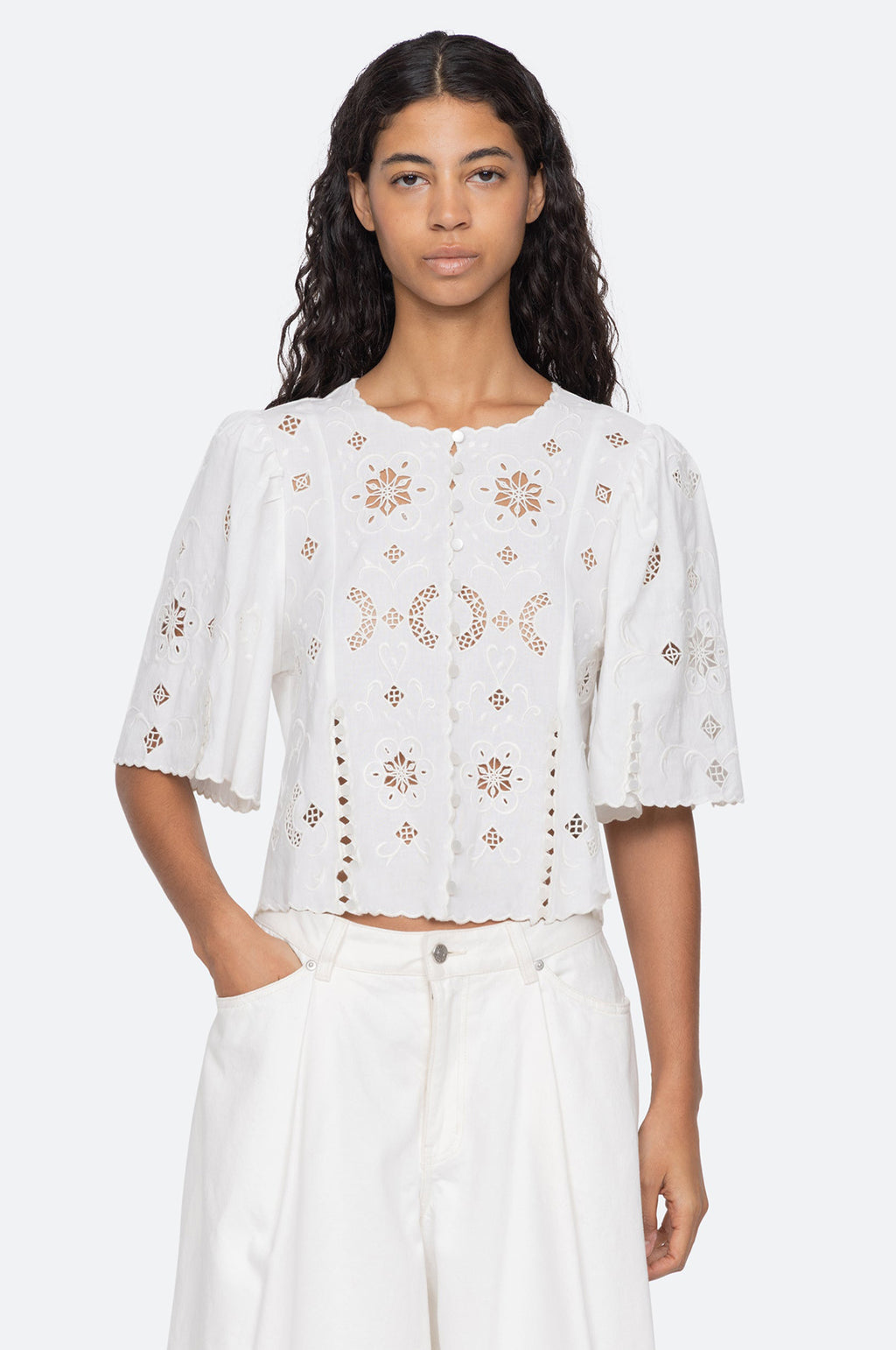 Gardener Emb S/Slv Top White