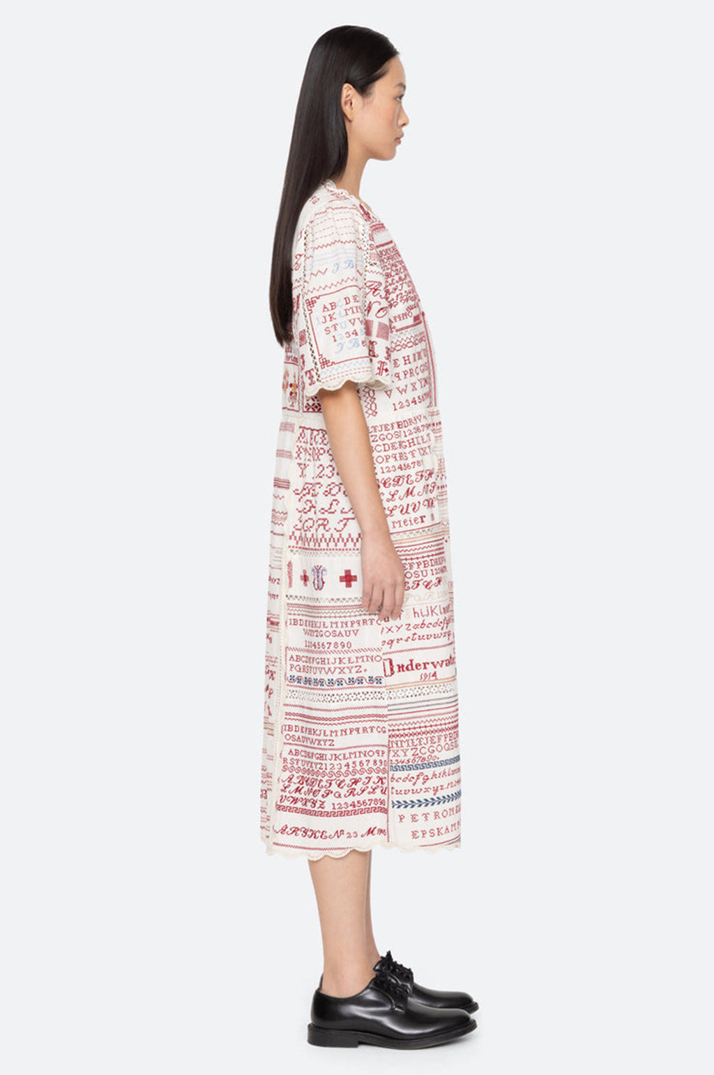 Kit Embroidery S/Slv Midi Dress Cream