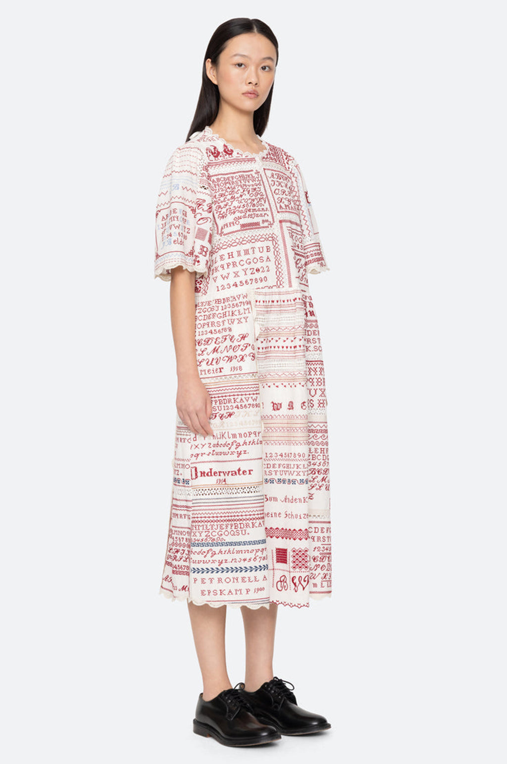 Kit Embroidery S/Slv Midi Dress Cream