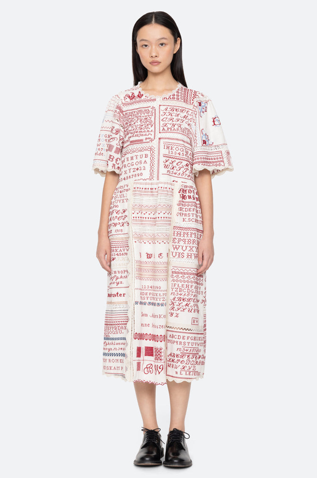 Kit Embroidery S/Slv Midi Dress Cream