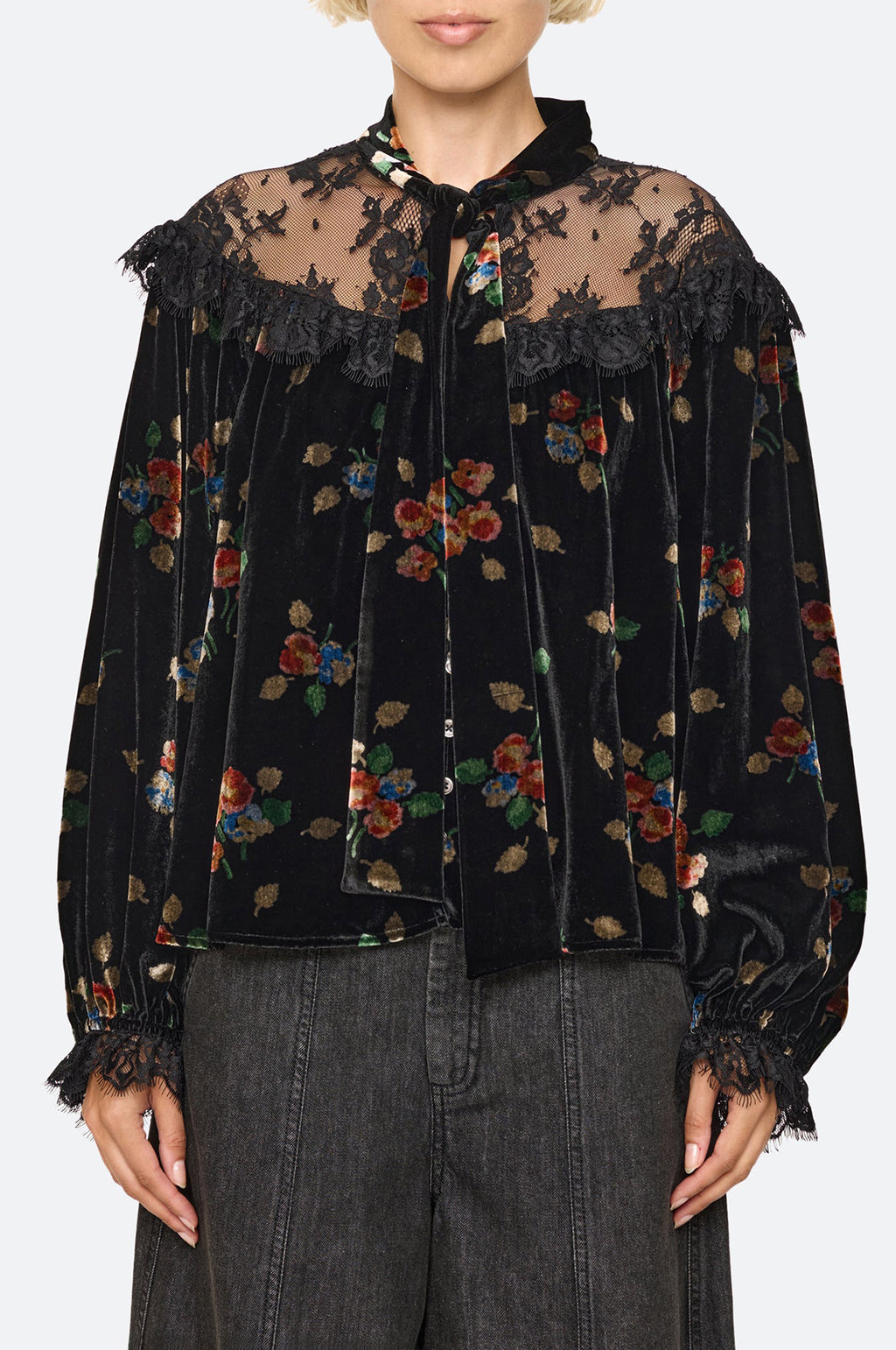Leda Velvet L/Slv Tie Neck Top Black