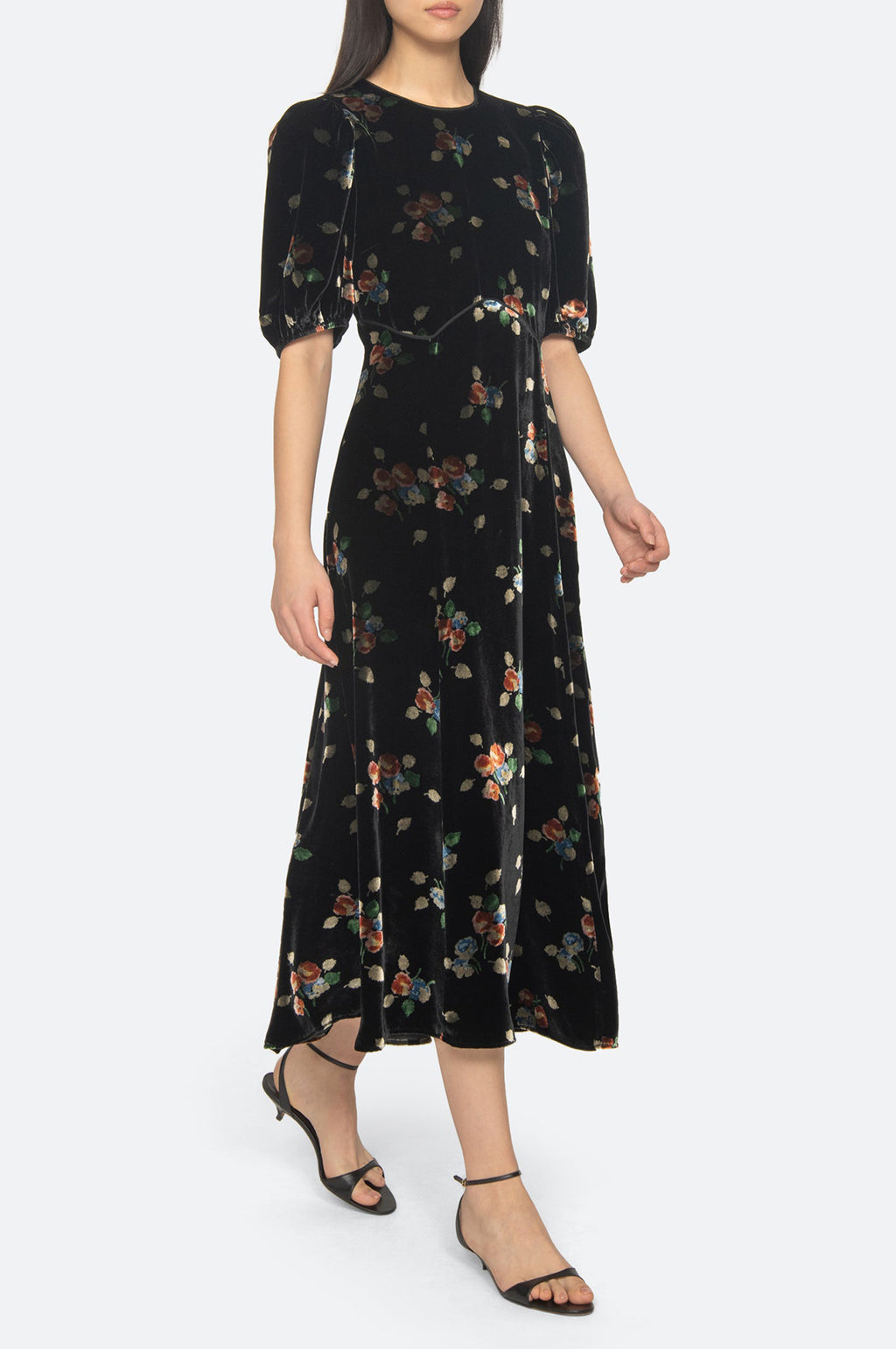 Leda Velvet Puff Slv Midi Dress Black