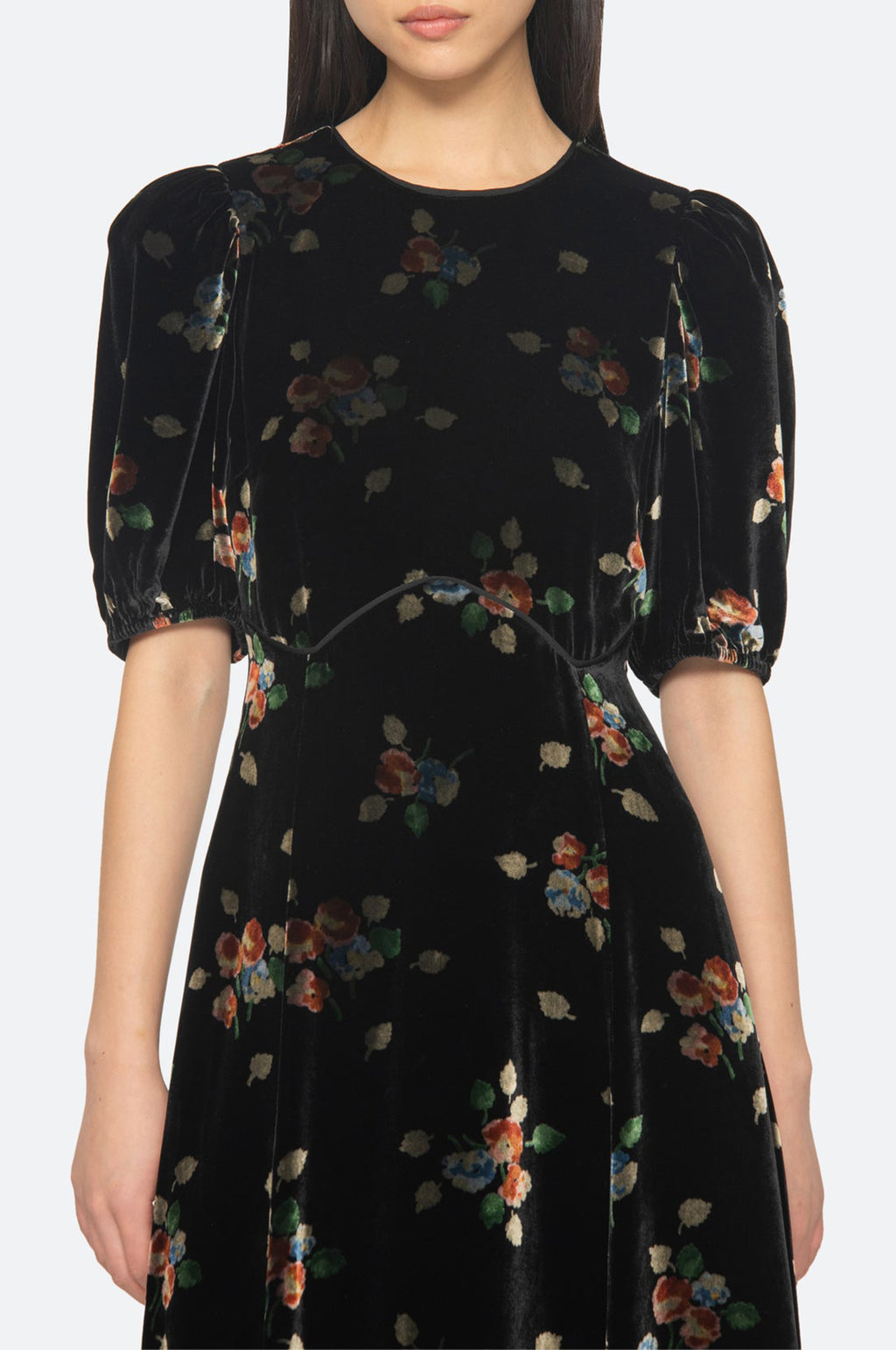 Leda Velvet Puff Slv Midi Dress Black