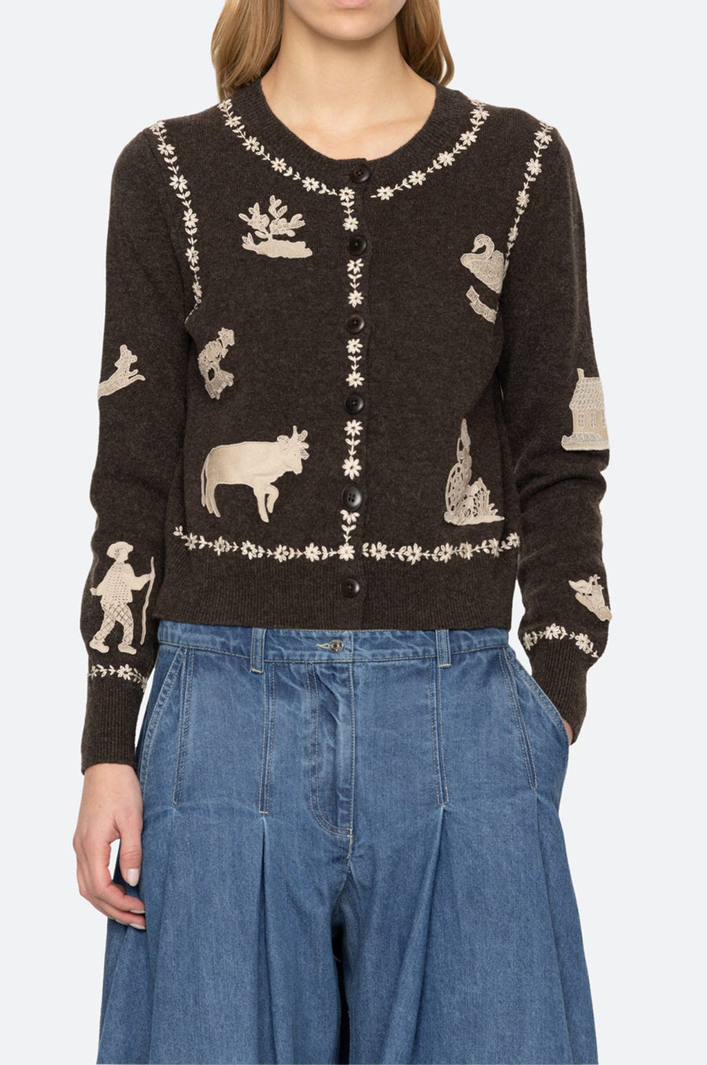 Margeurite Lace Patch L/Slv Cardigan Coffee