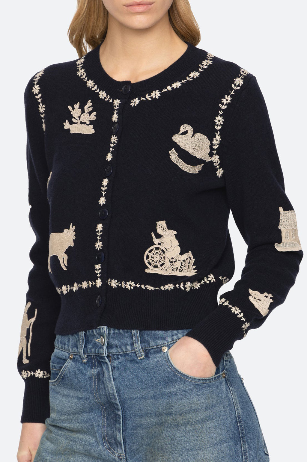 Margeurite Lace Patch L/Slv Cardigan Navy